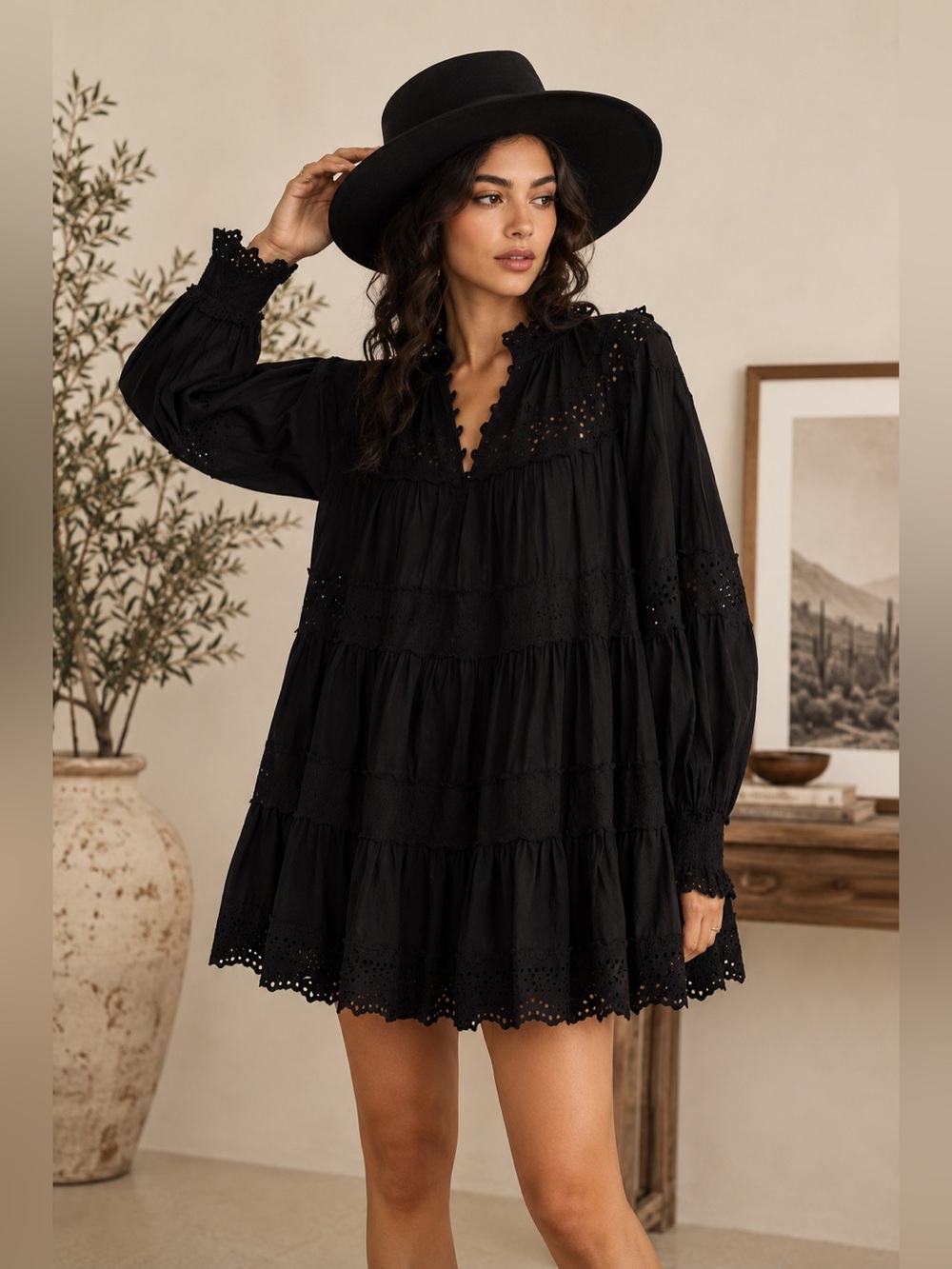 Anthropologie Maeve Black Long Sleeve Lace Mini Dress - Picture 1 of 7